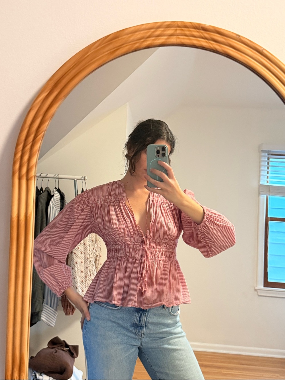 Smocked Pink Peplum Blouse with Tie Front
